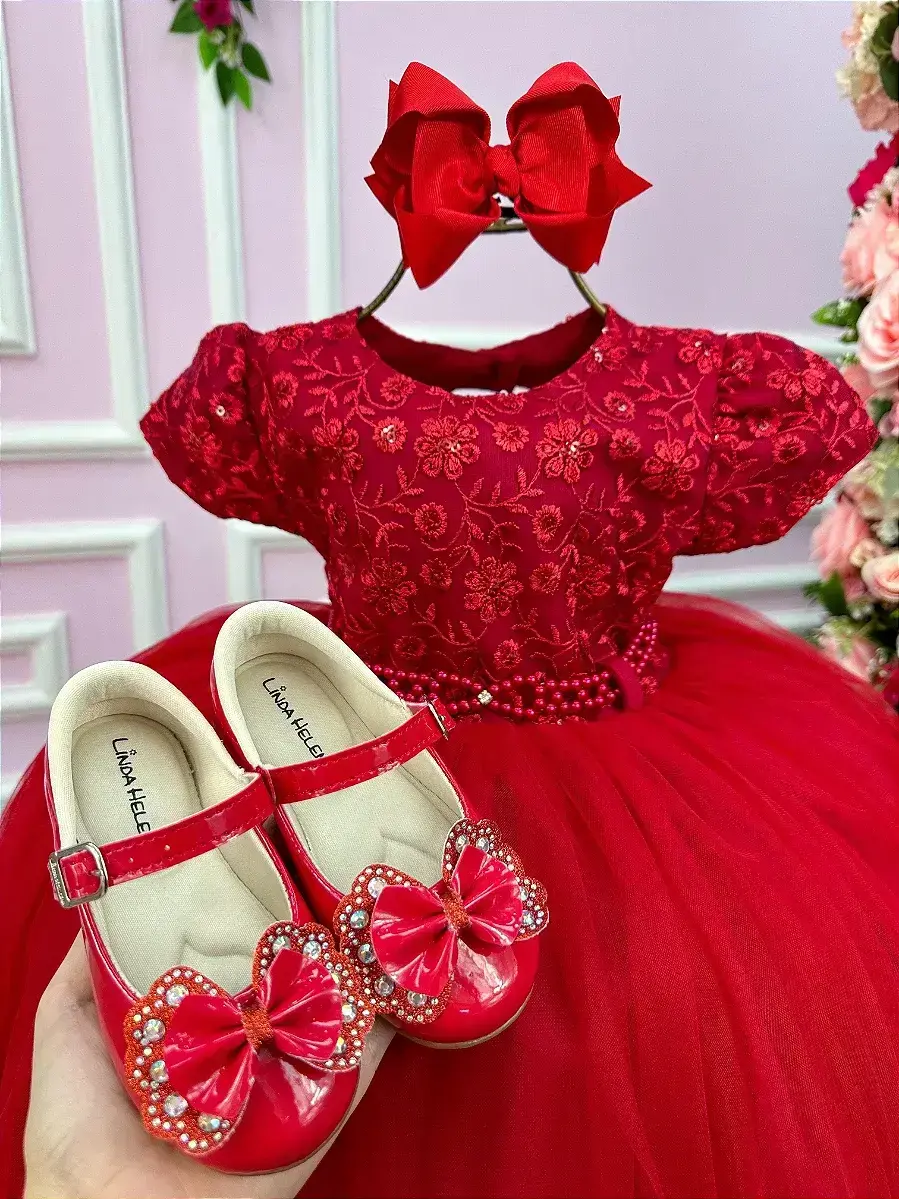 Vestido vermelho peito renda flores, foto 2