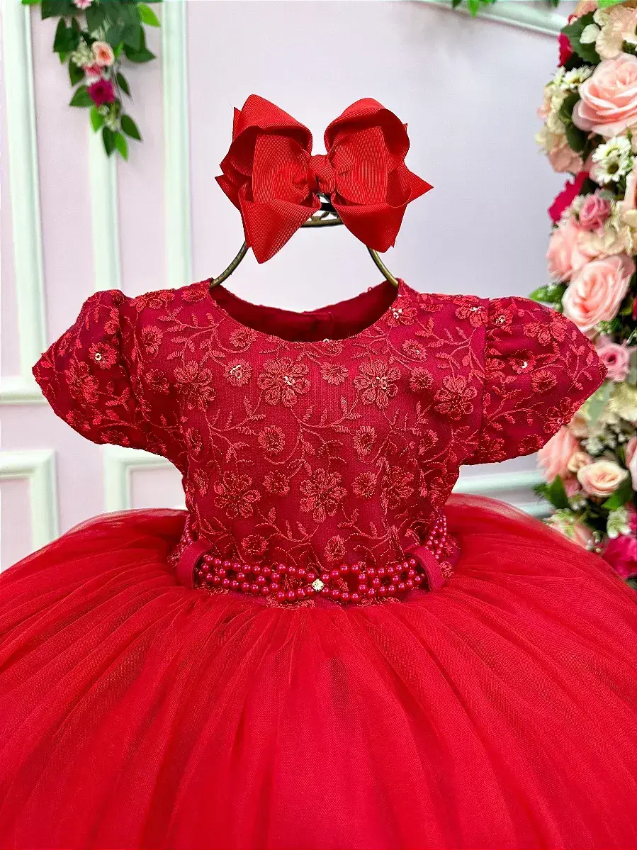 Vestido vermelho peito renda flores, foto 3