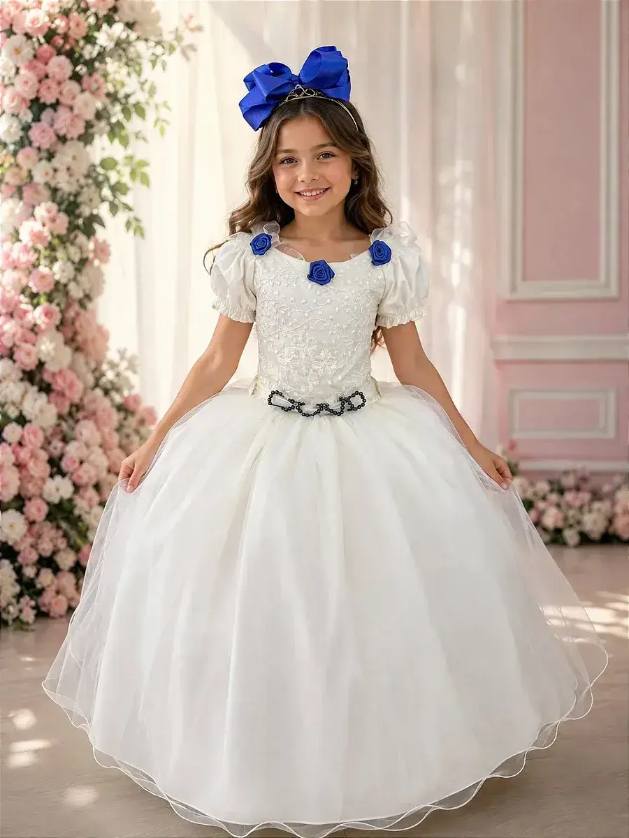 Vestido longo off detalhes azul marinho