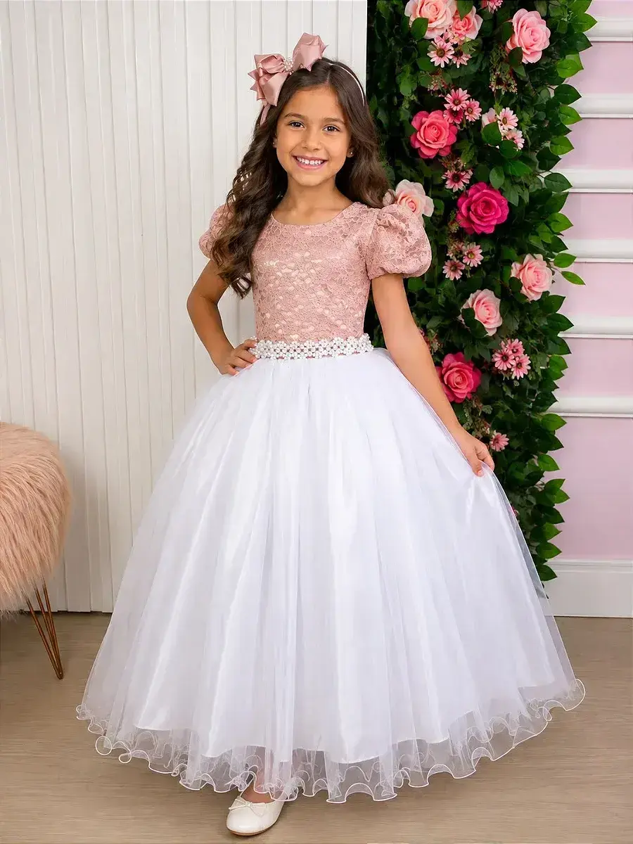 Vestido longo mari peito rendado rose saia branca