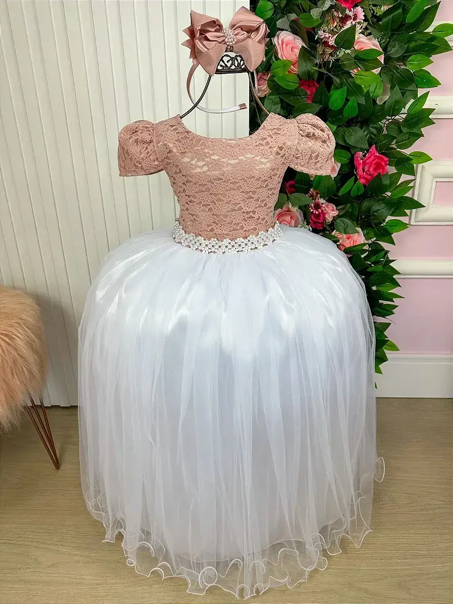 Vestido longo mari peito rendado rose saia branca, foto 2