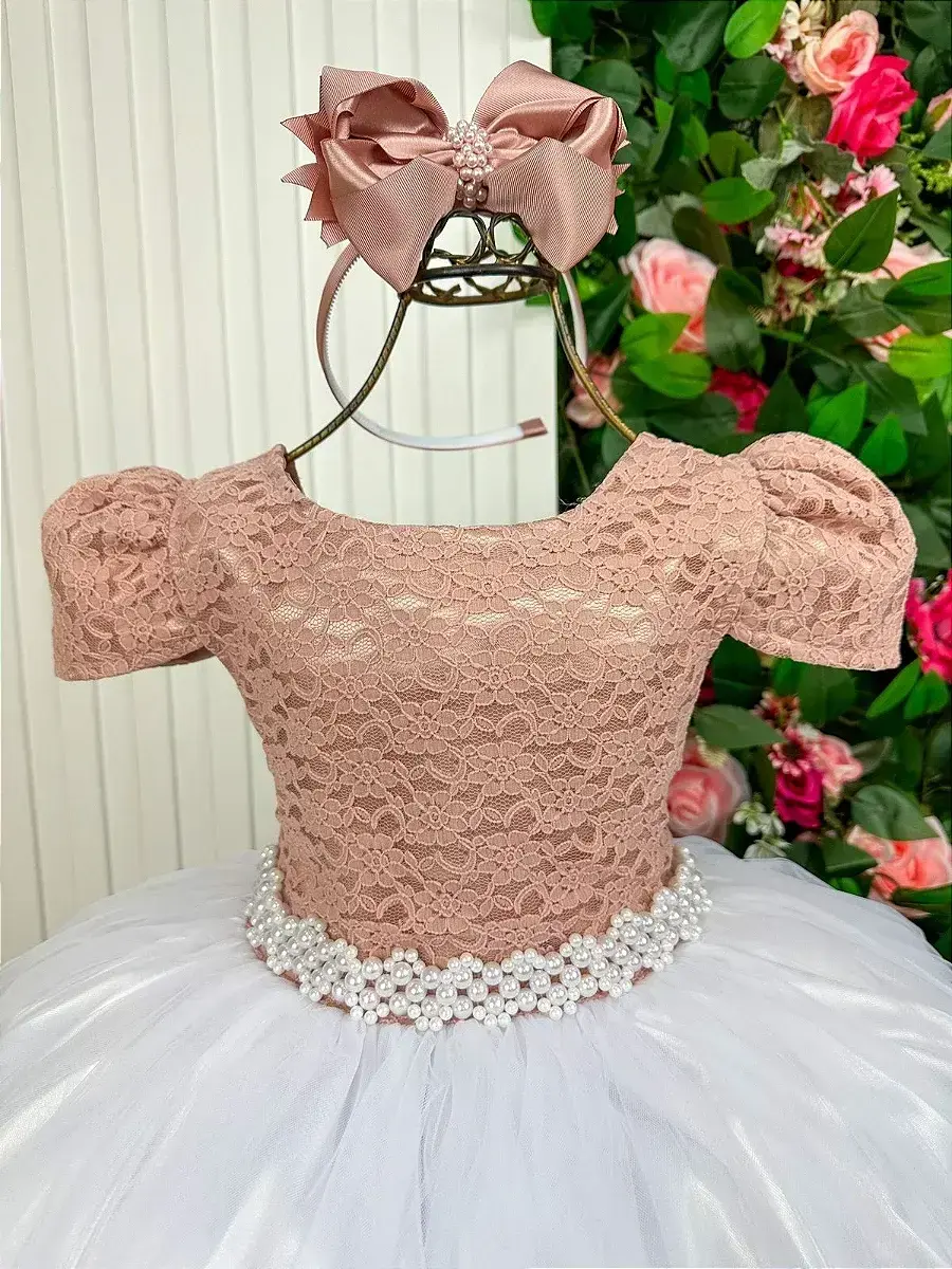 Vestido longo mari peito rendado rose saia branca, foto 3