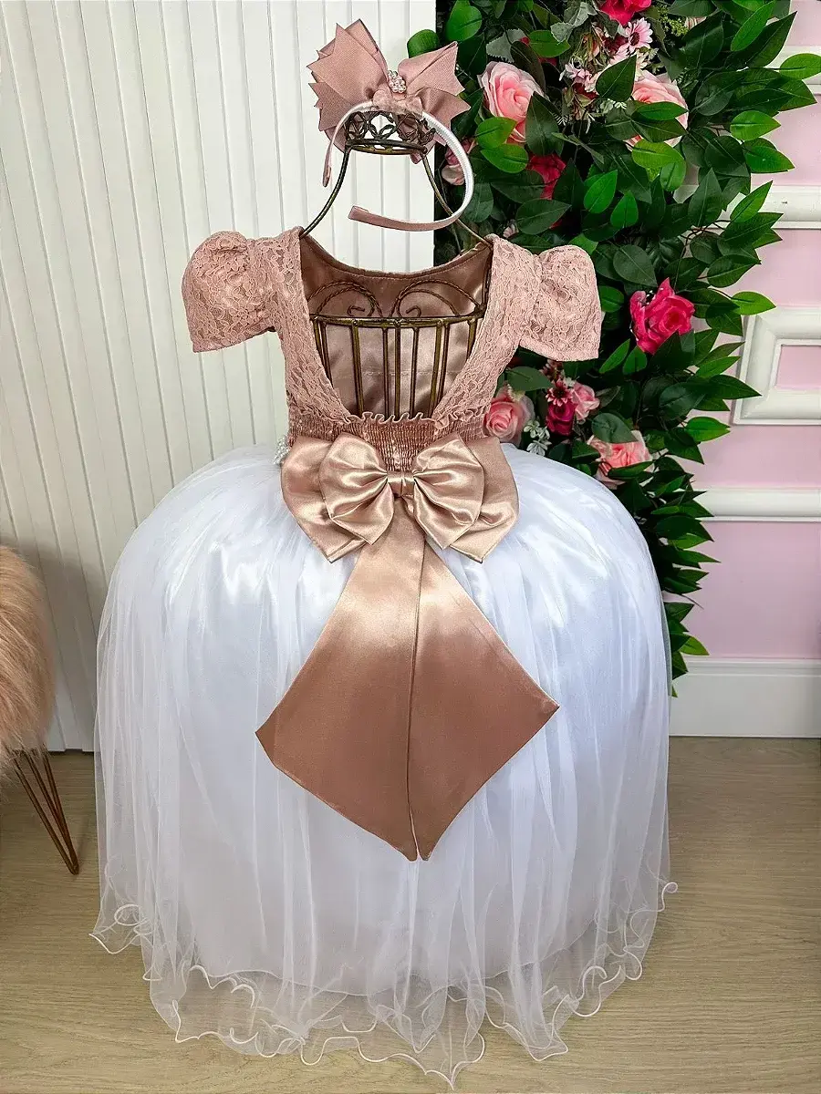 Vestido longo mari peito rendado rose saia branca, foto 5