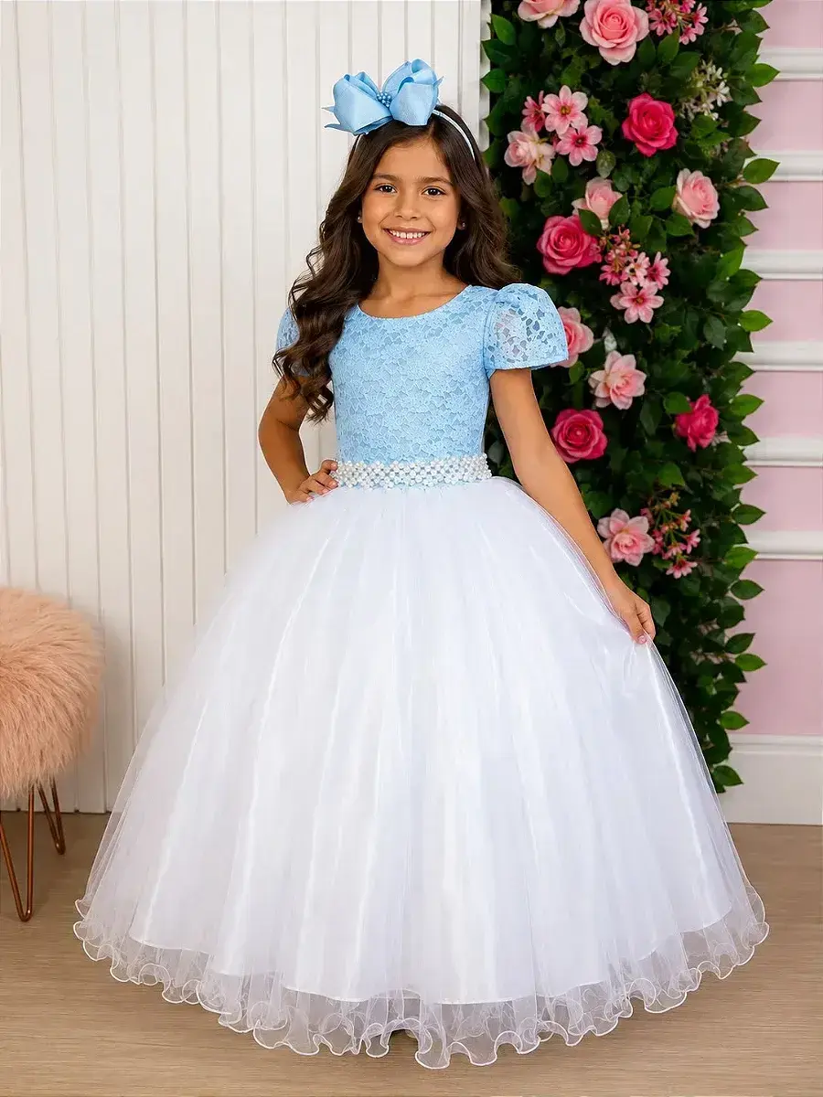 Vestido longo mari peito rendado azul