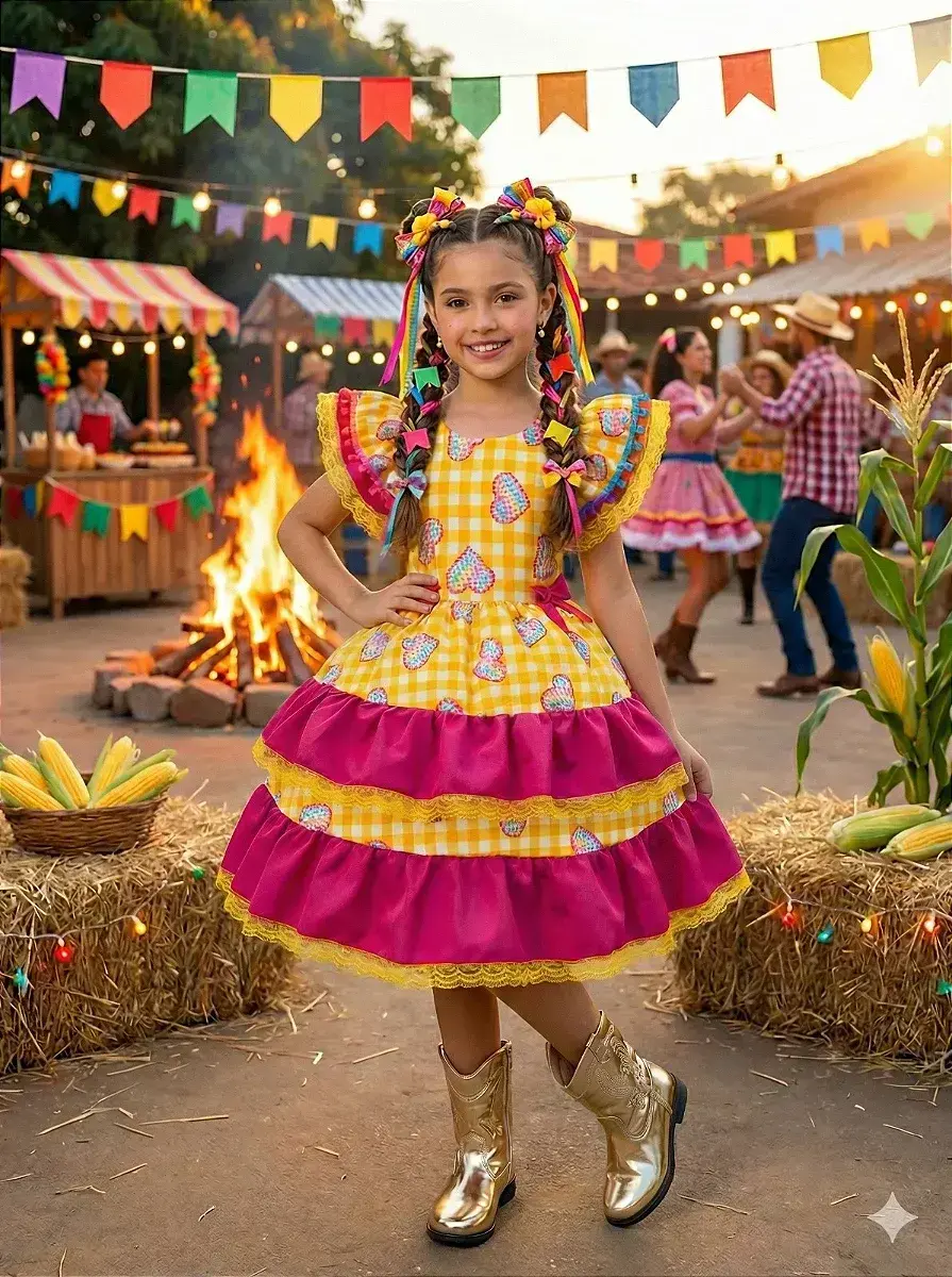 Vestido junino festa coração junino amarelo