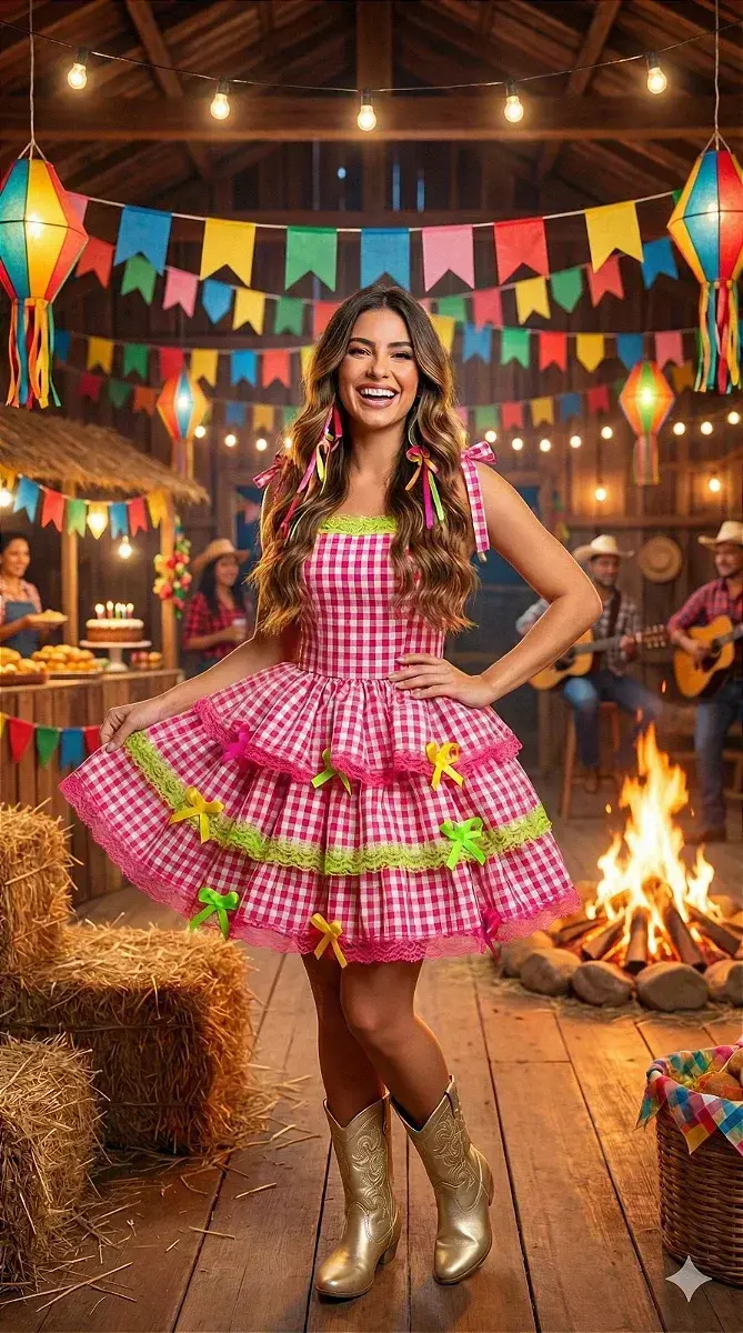Vestido junino festa adulto arraia do chamego pink