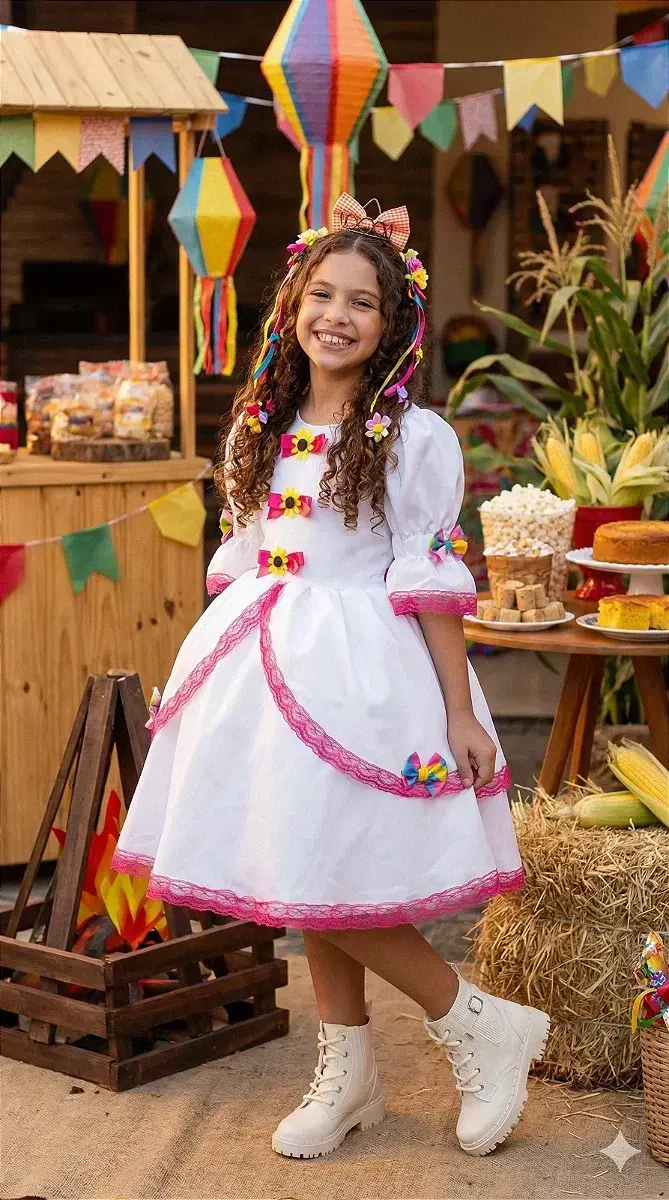 Vestido junino festa noiva noivinha lacinhos branco