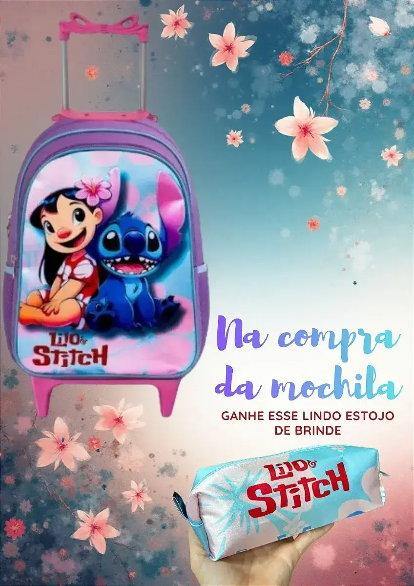 Mochila rodinhas Lilo e Stitch estojo de brinde