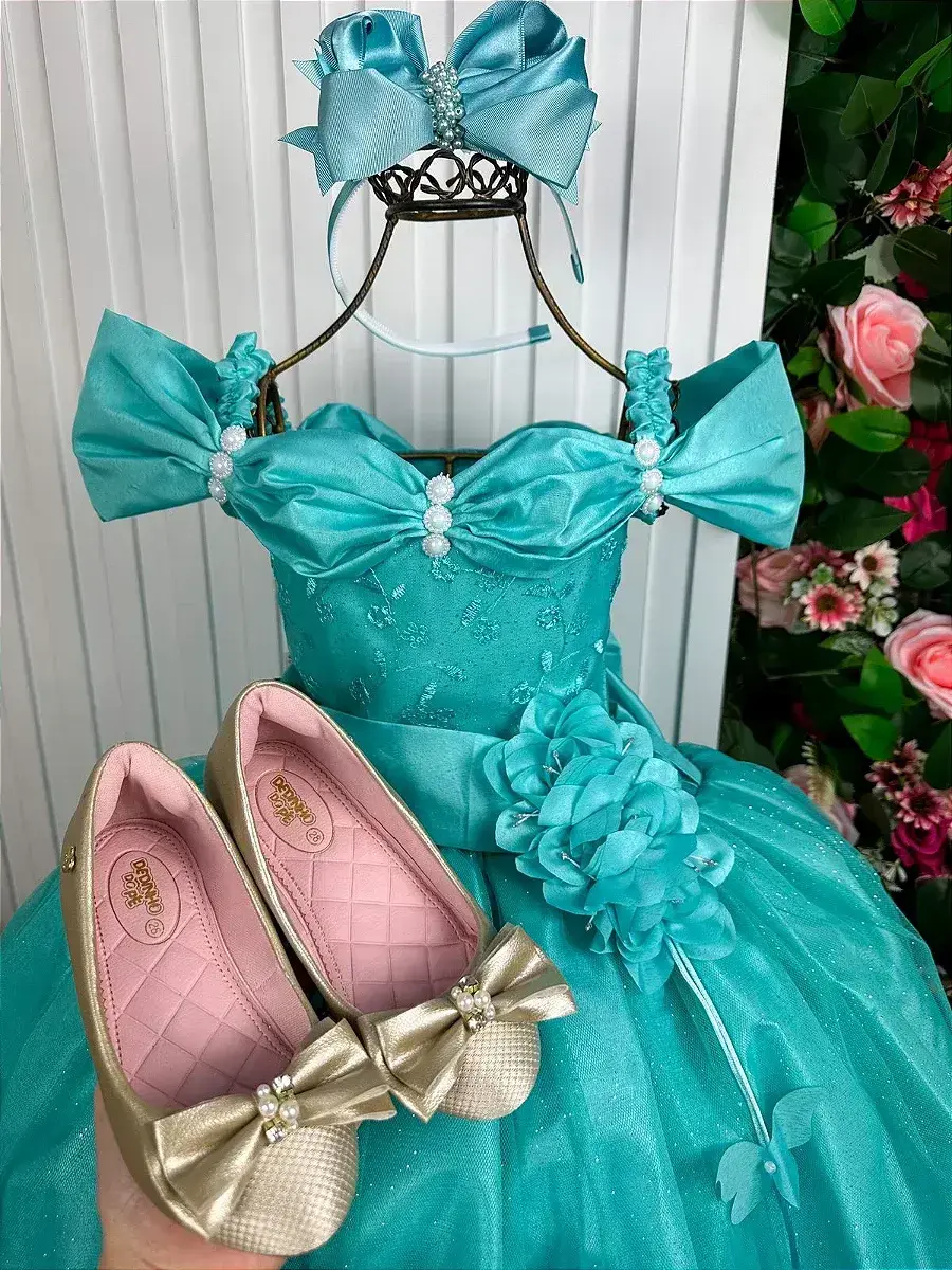 Vestido longo manga princesa verde tiffany, foto 4