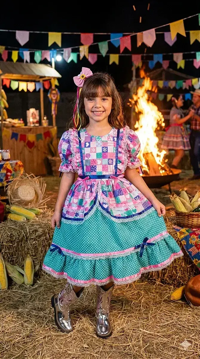 Vestido junino celebração caipira verde tiffany