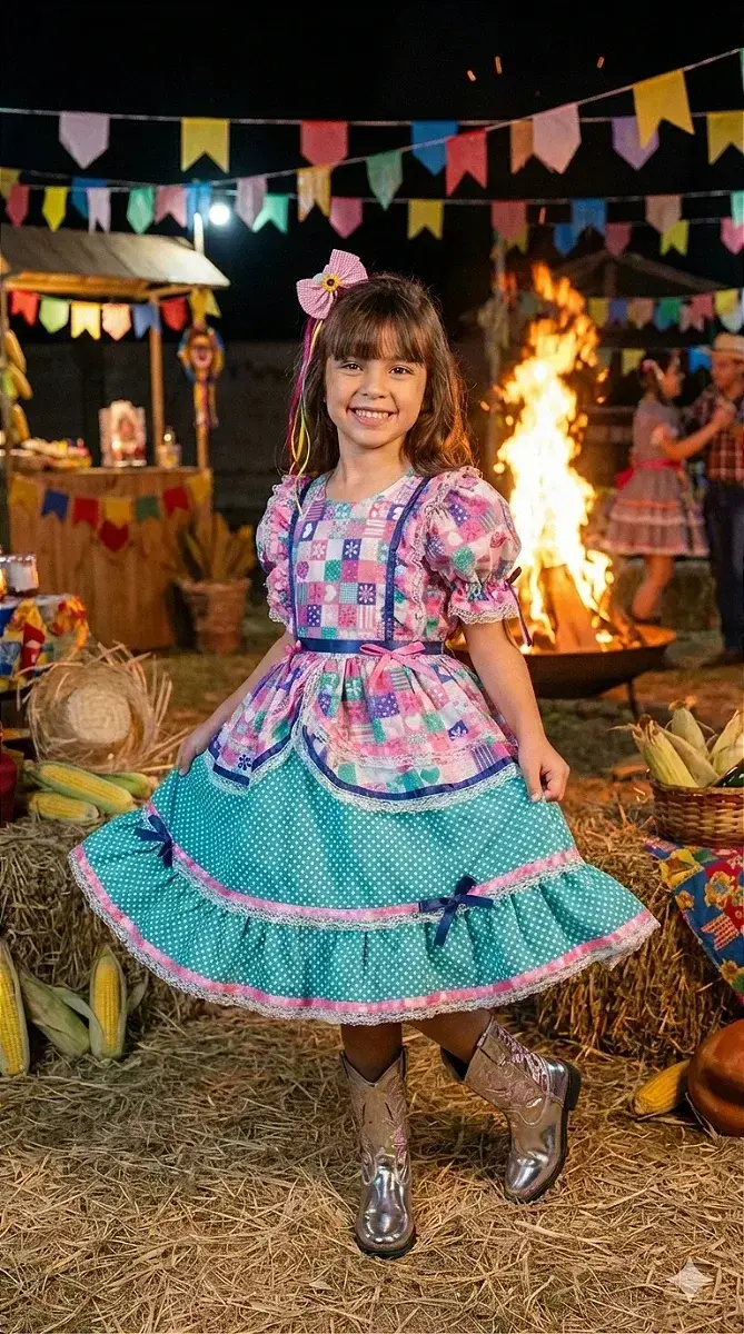 Vestido junino celebração caipira verde tiffany, foto 2