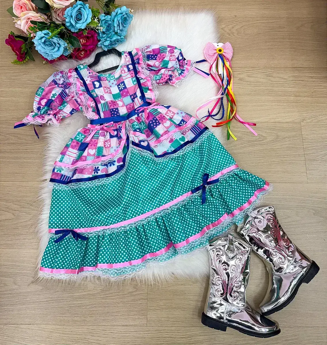 Vestido junino celebração caipira verde tiffany, foto 4