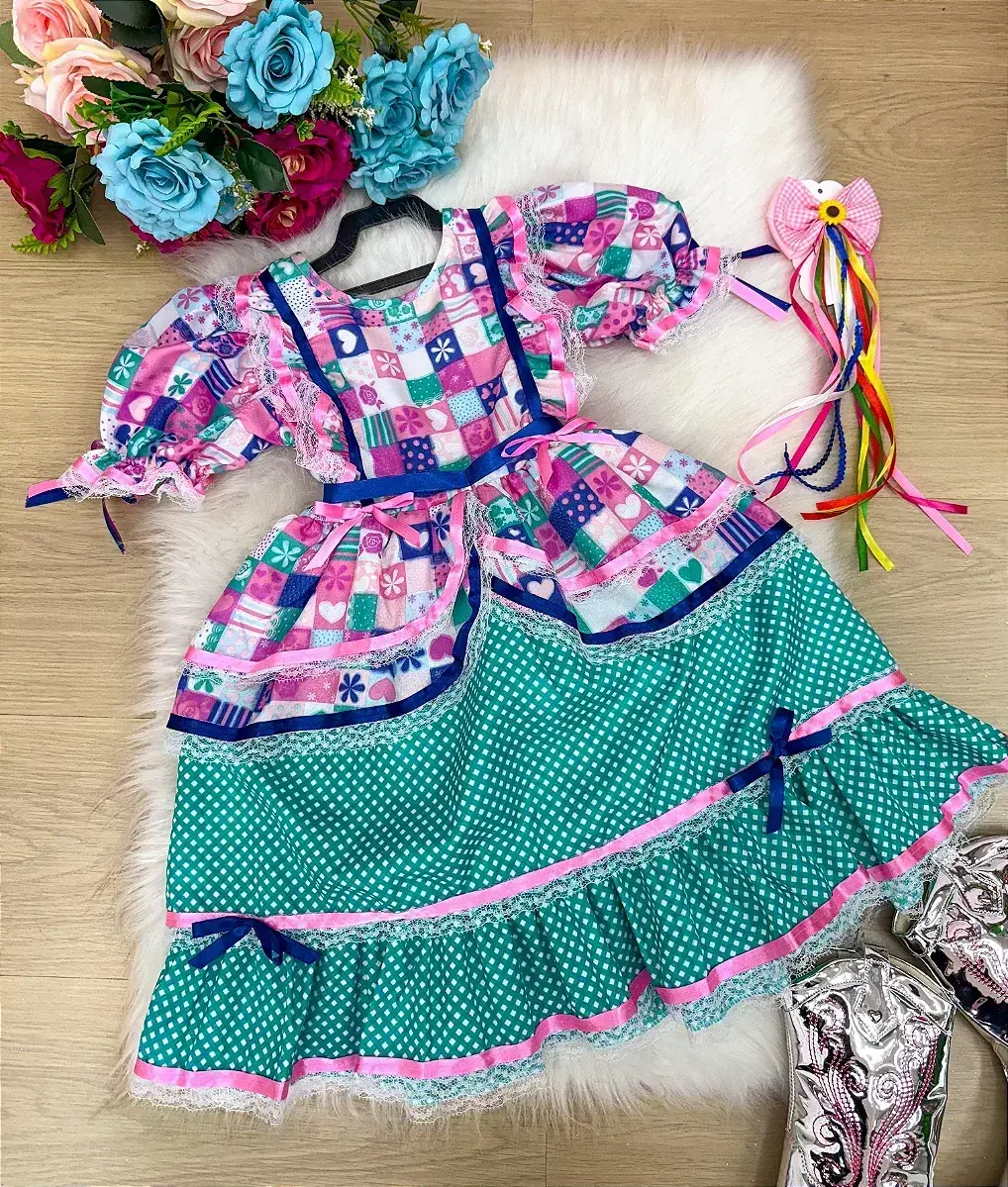 Vestido junino celebração caipira verde tiffany, foto 5