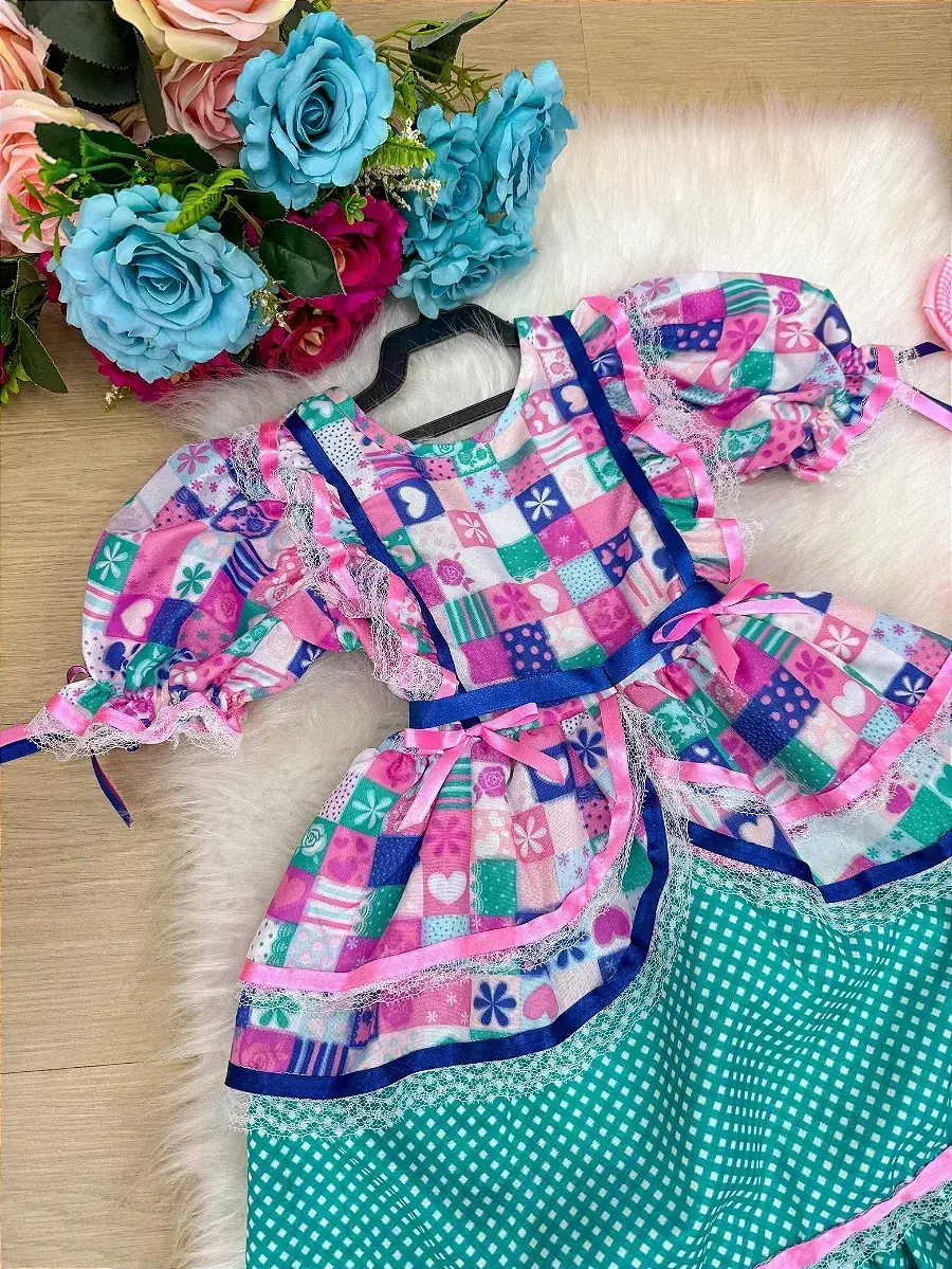Vestido junino celebração caipira verde tiffany, foto 6