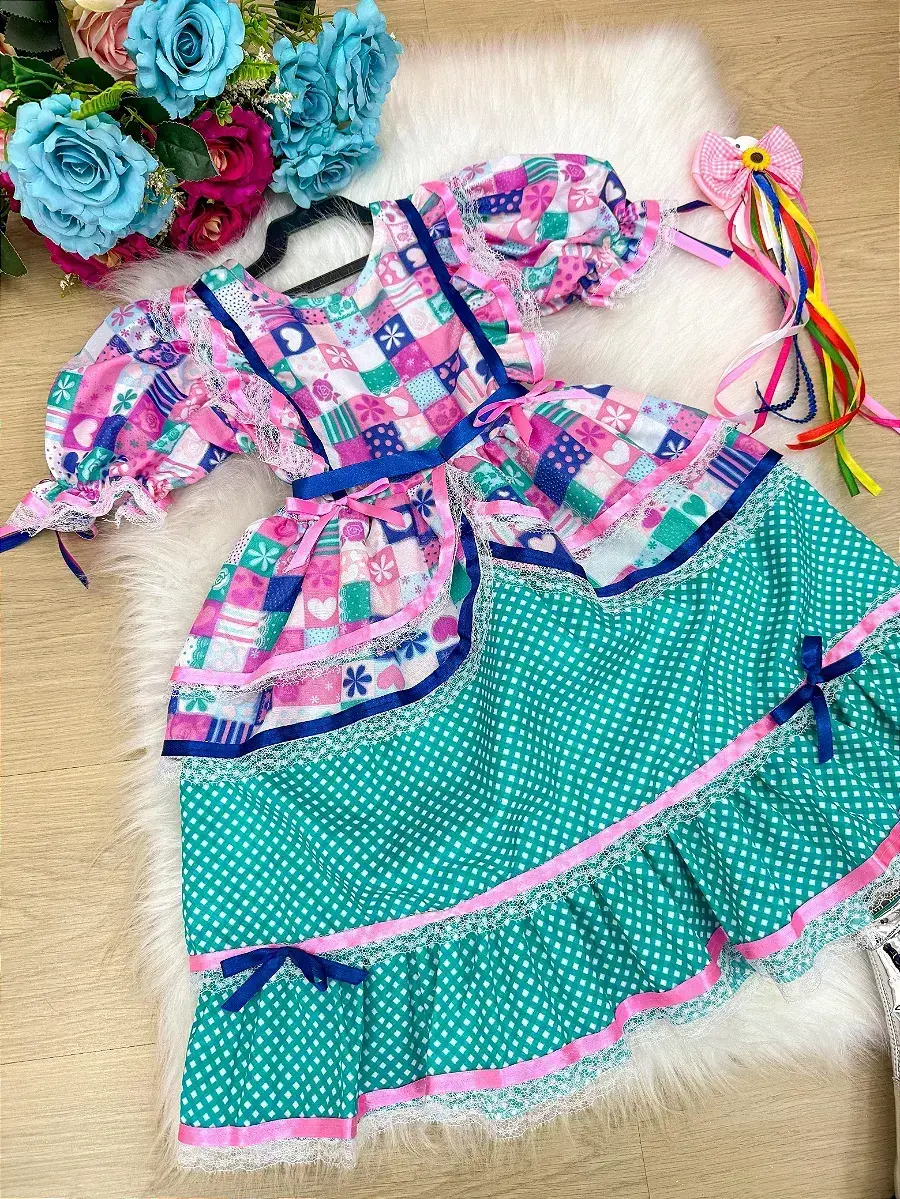 Vestido junino celebração caipira verde tiffany, foto 7