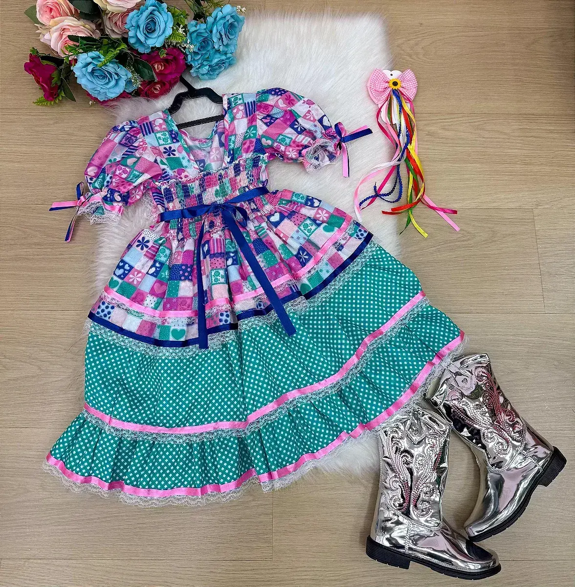 Vestido junino celebração caipira verde tiffany, foto 8