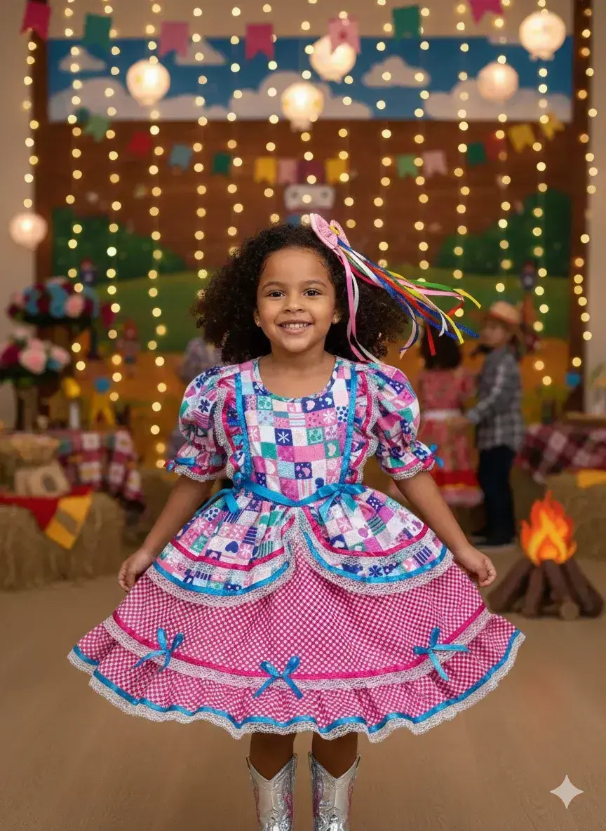 Vestido junino celebração caipira pink