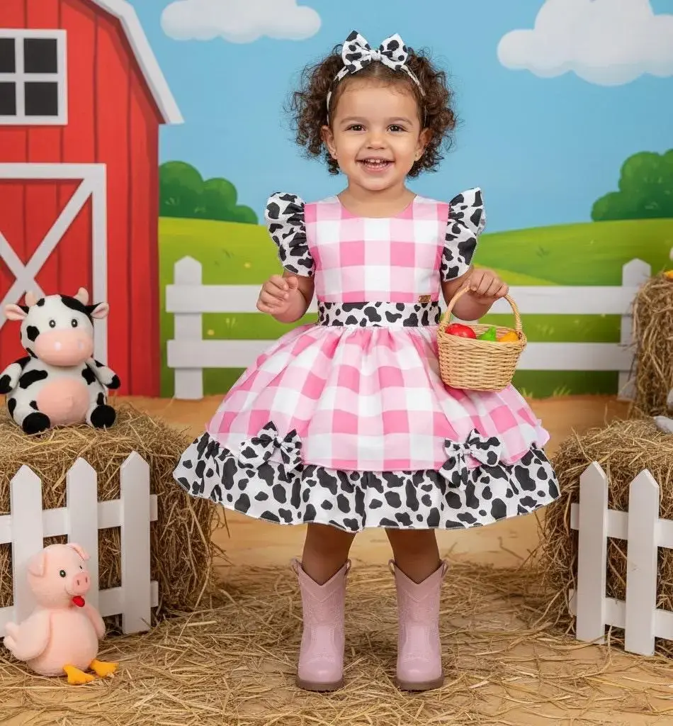 Vestido festa fazendinha rosa vaquinha