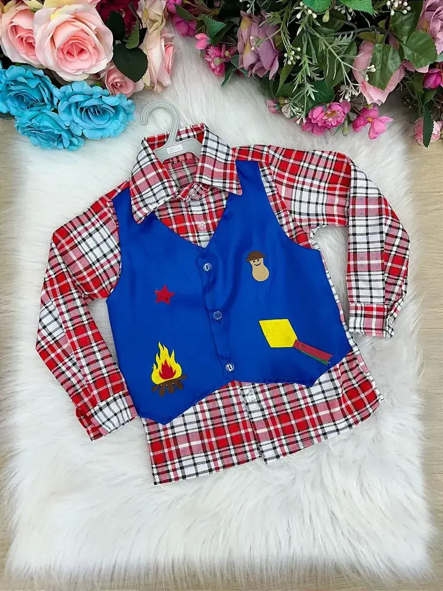 Camisa junina xadrez são joão colete azul
