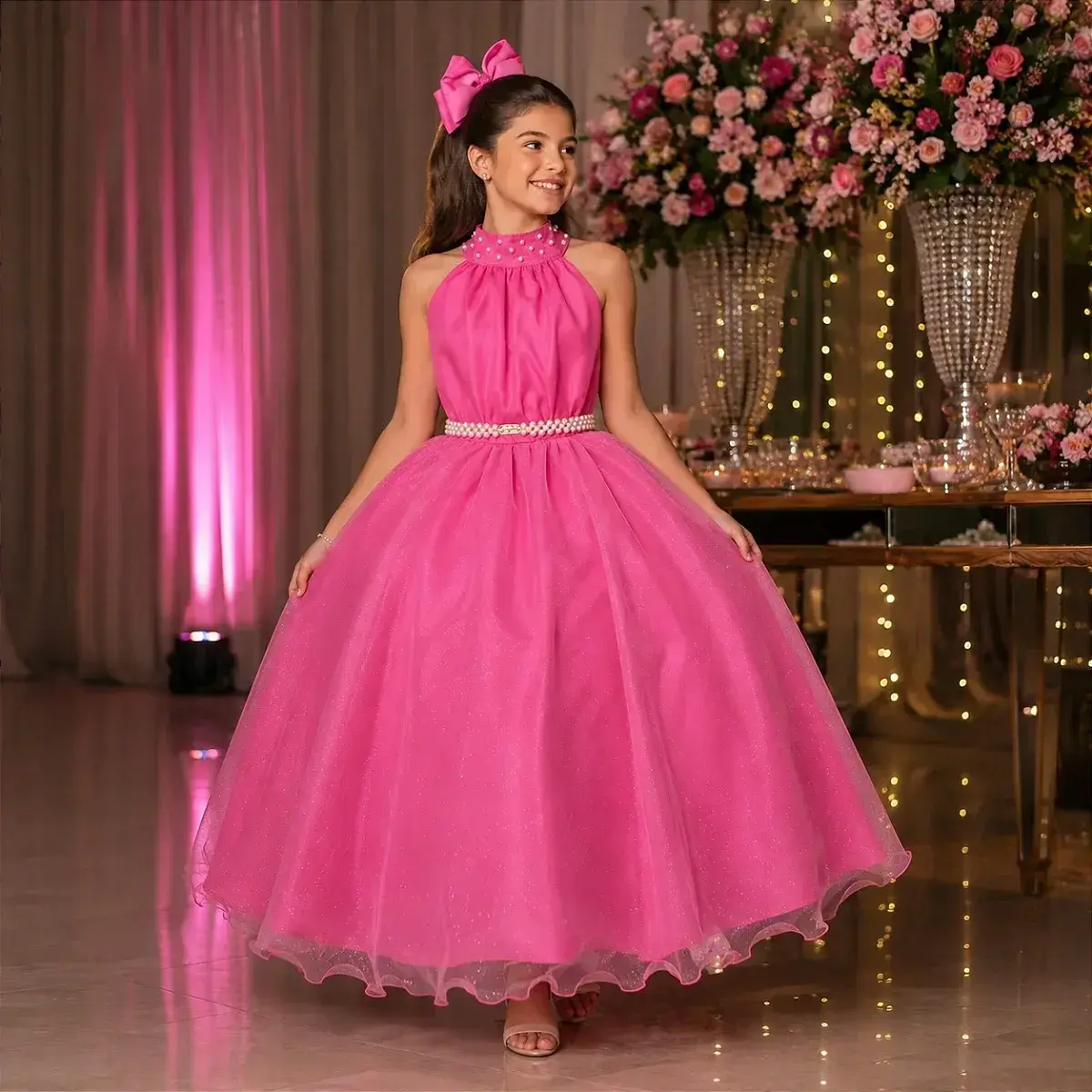 Vestido longo âmbar rosa chiclete