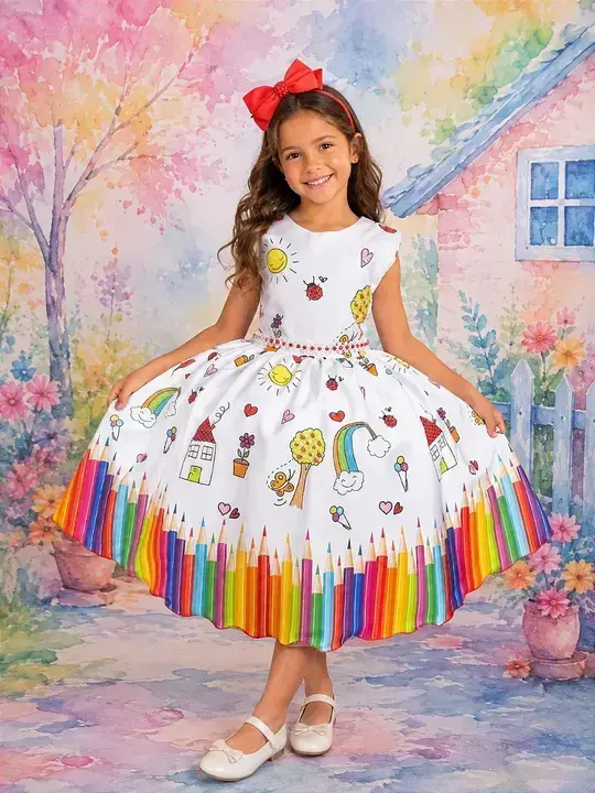 Vestido lapis aquarela abc branco vermelho