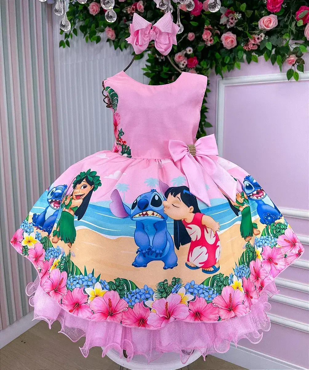 Vestido festa Lilo e Stitch rosa