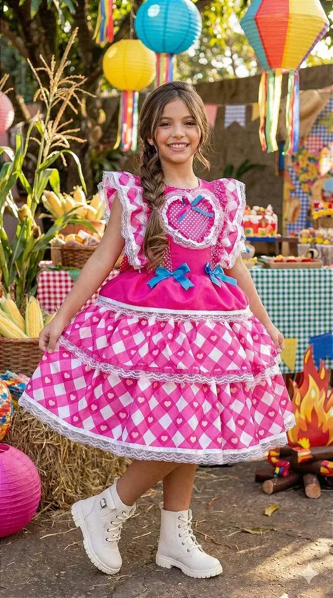 Vestido junino festa do coração pink