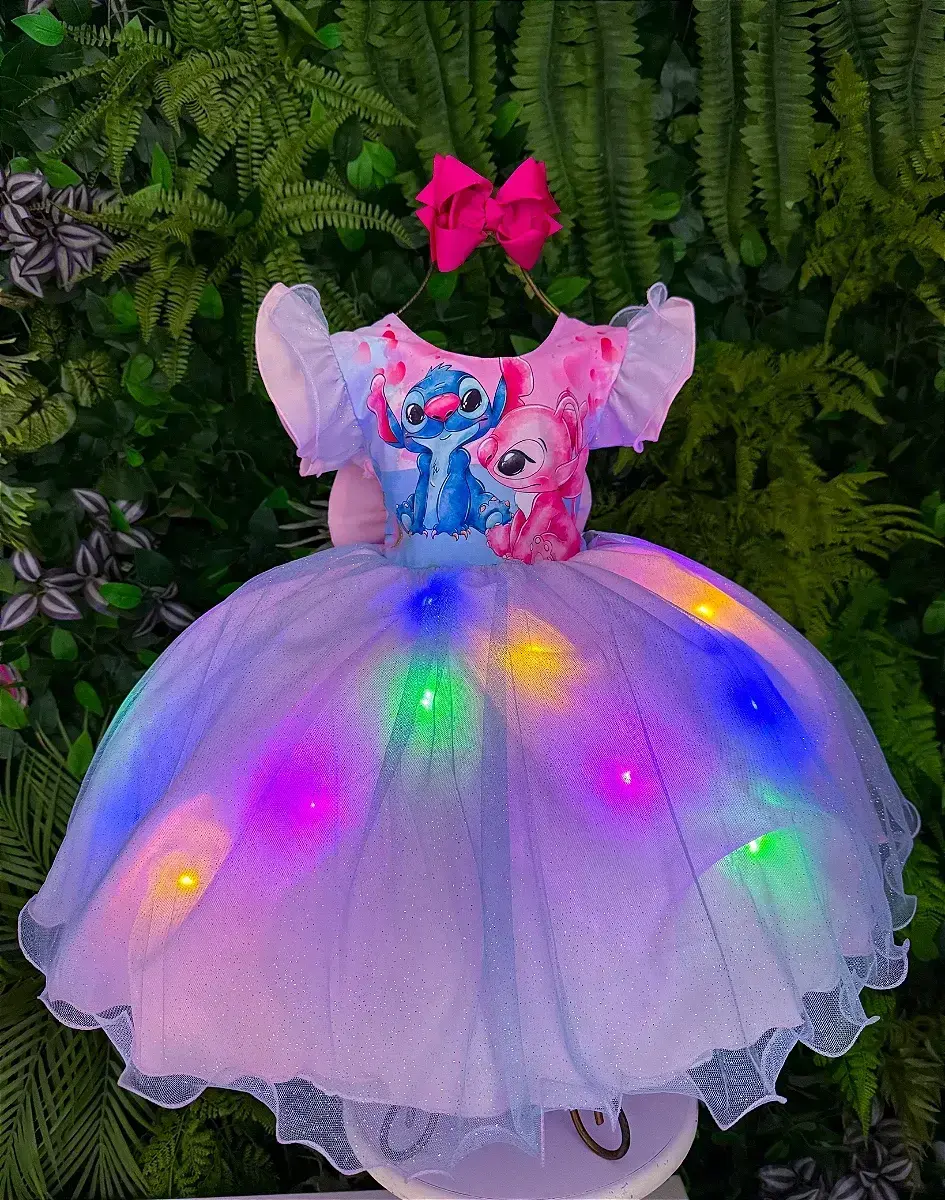 Vestido festa Lilo Stitch rosa com led, foto 3