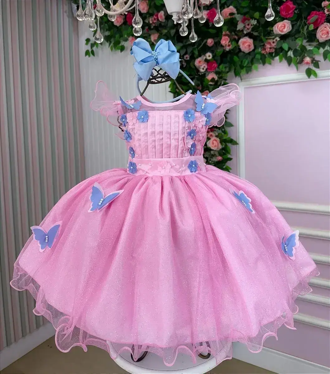 Vestido jardim encantado rosa borboletas azul