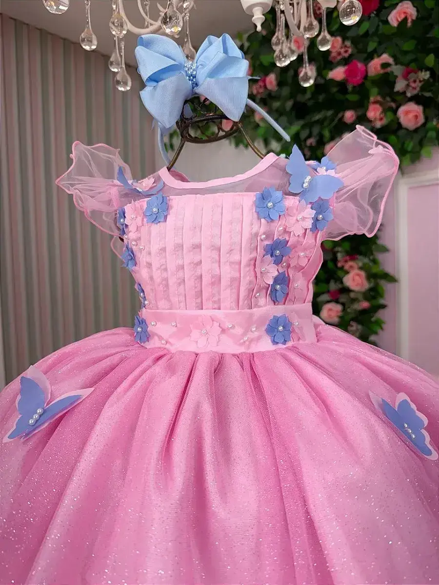 Vestido jardim encantado rosa borboletas azul, foto 3