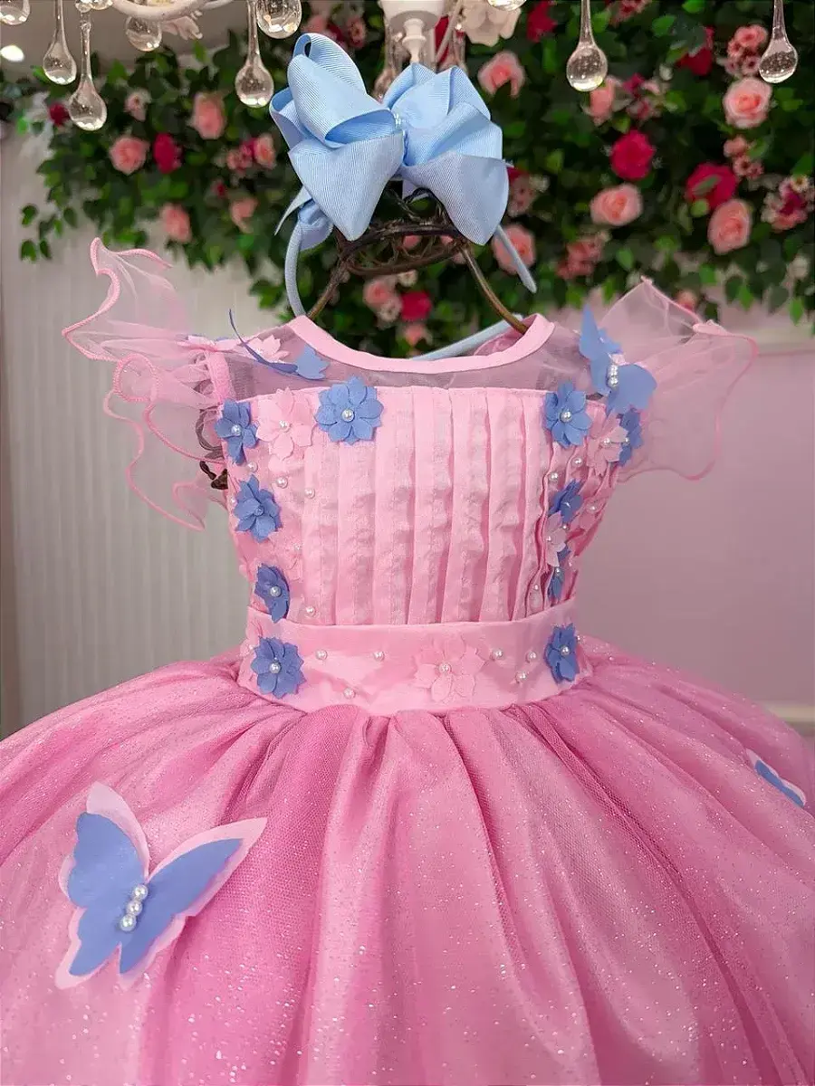 Vestido jardim encantado rosa borboletas azul, foto 4