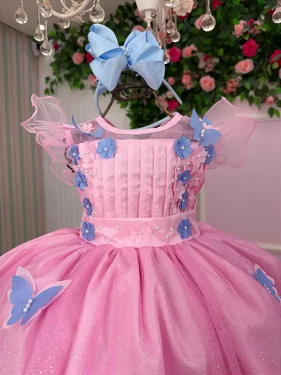 Vestido jardim encantado rosa borboletas azul, foto 5