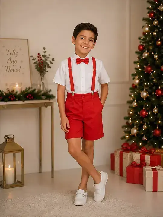 Conjunto henry camisa branca suspensório vermelho