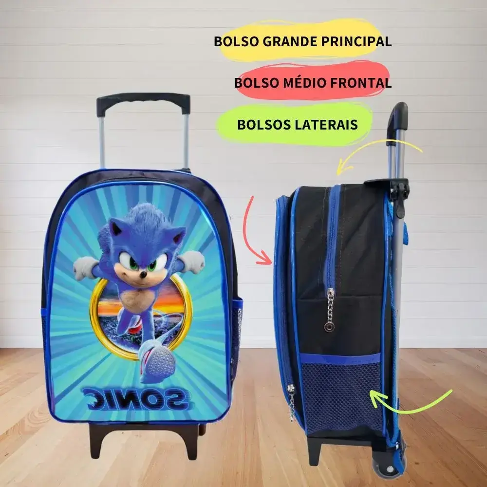 Kit mochila rodinhas lancheira estojo sonic, foto 3