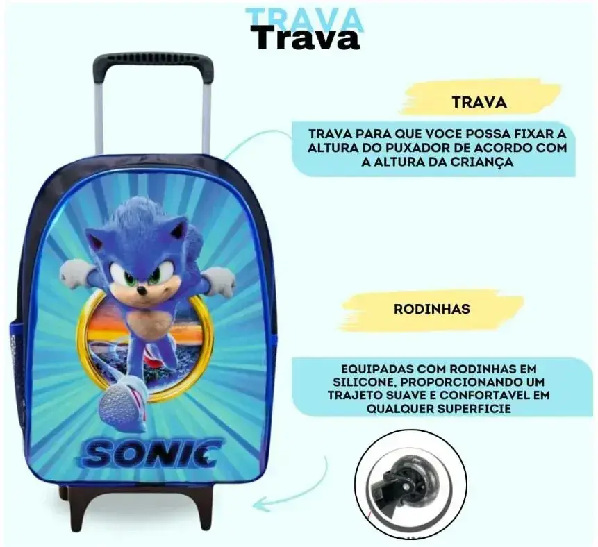 Kit mochila rodinhas lancheira estojo sonic, foto 5