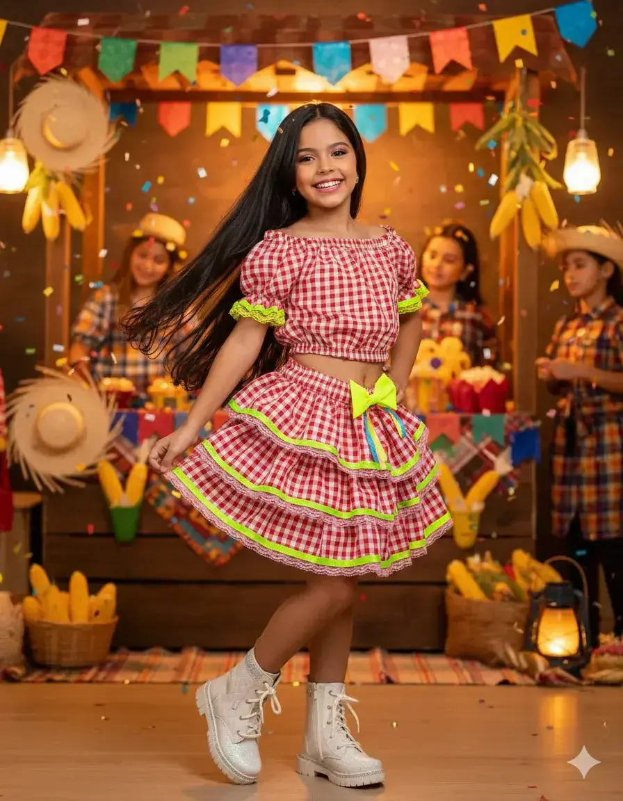 Conjunto junino festa sofia xadrez vermelho