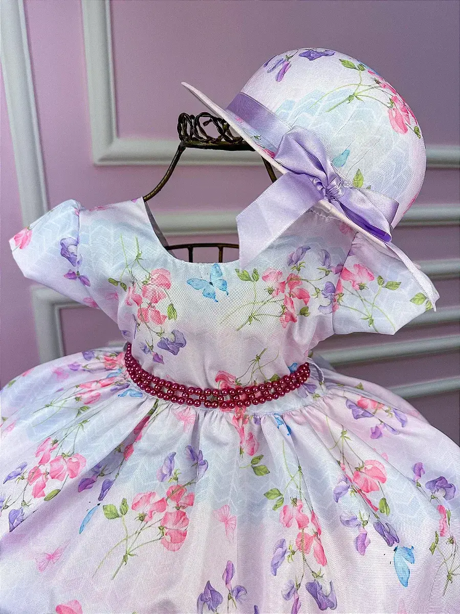 Vestido chapeu lilas flores e borboletas, foto 2