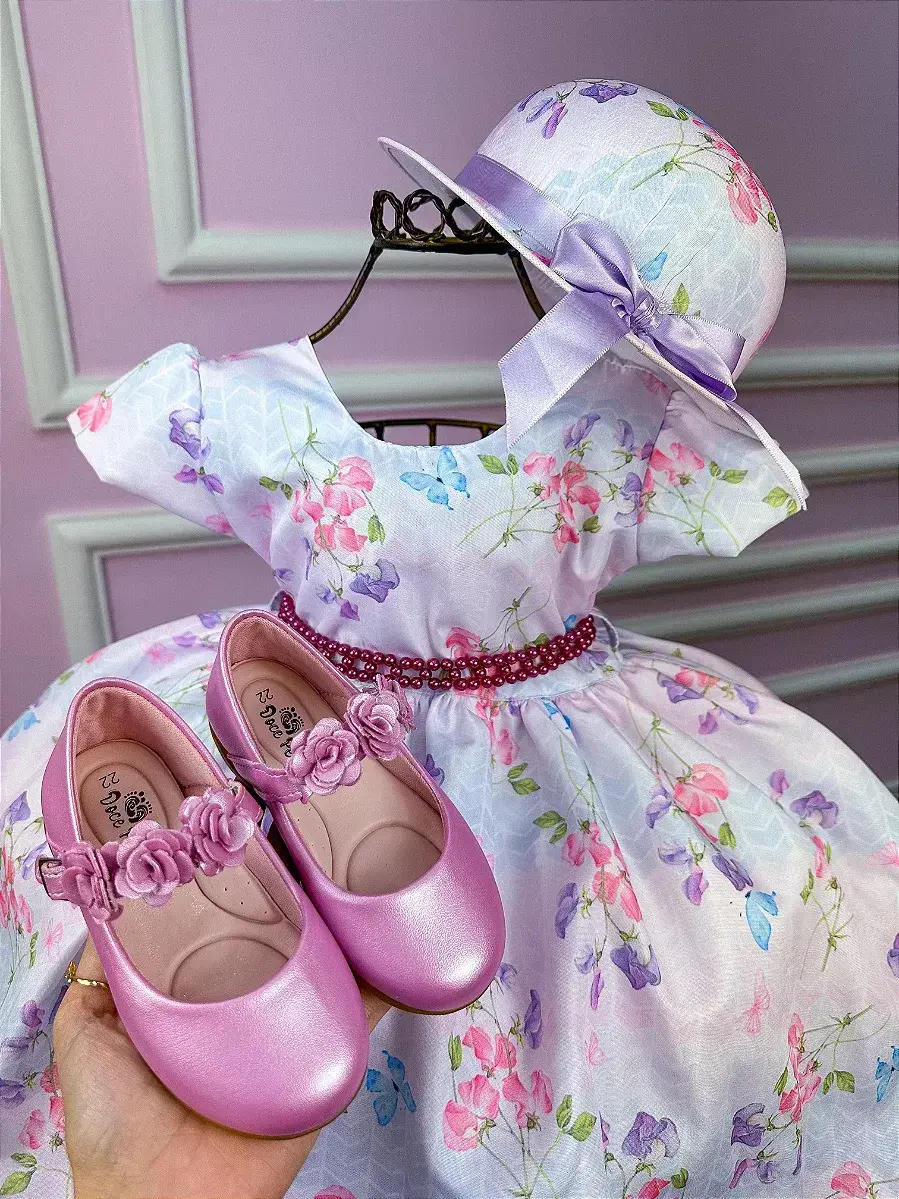 Vestido chapeu lilas flores e borboletas, foto 3