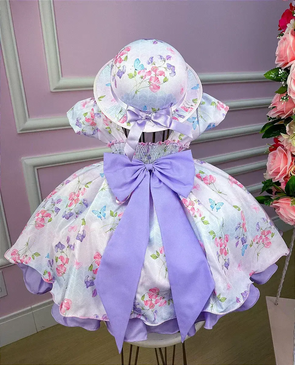 Vestido chapeu lilas flores e borboletas, foto 4