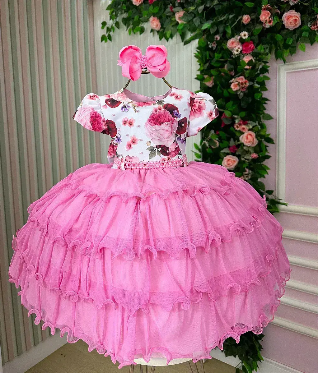 Vestido gisele peito florido rosa chiclete