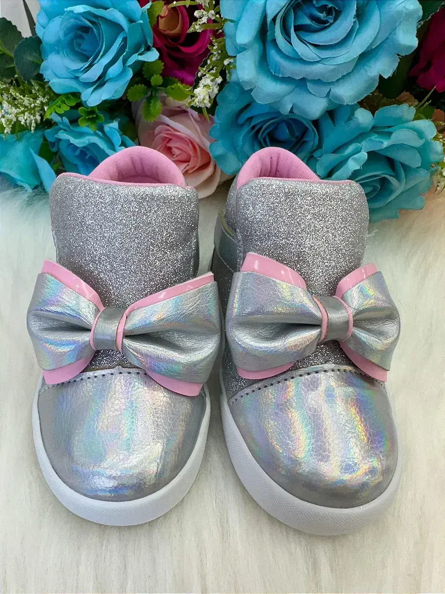Tênis bota encanto de criança lacinho prata glitter rebeca, foto 2