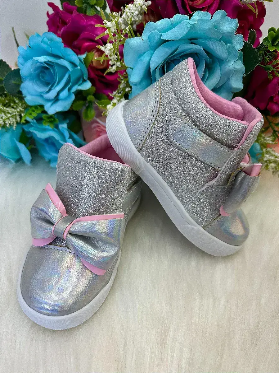 Tênis bota encanto de criança lacinho prata glitter rebeca, foto 3