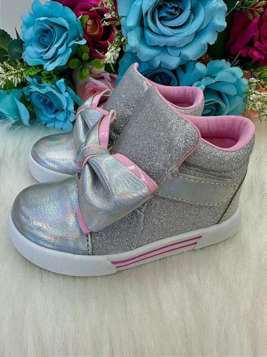 Tênis bota encanto de criança lacinho prata glitter rebeca, foto 4