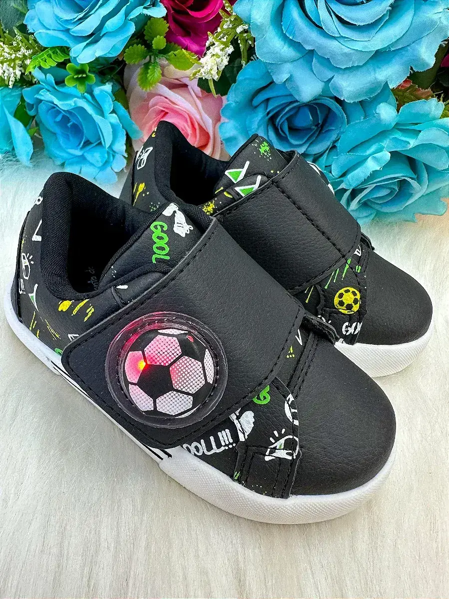 Tênis encanto de criança gol futebol bola com led preto