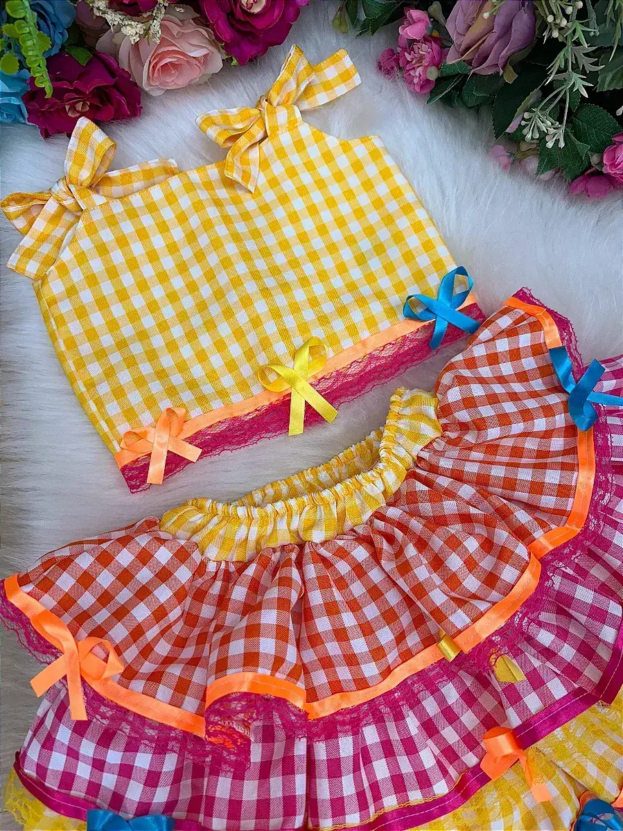 Conjunto junino festa sofia xadrez amarelo, foto 4