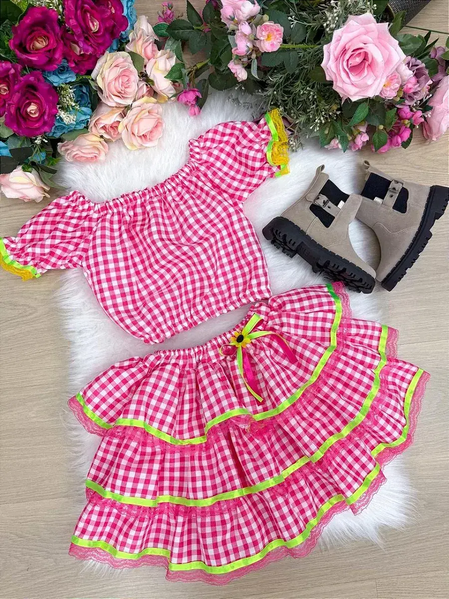 Conjunto junino festa xadrez pink, foto 4