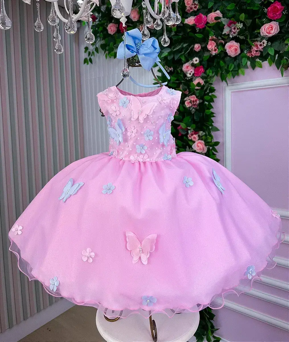 Vestido jardim das borboletas rosa viviane