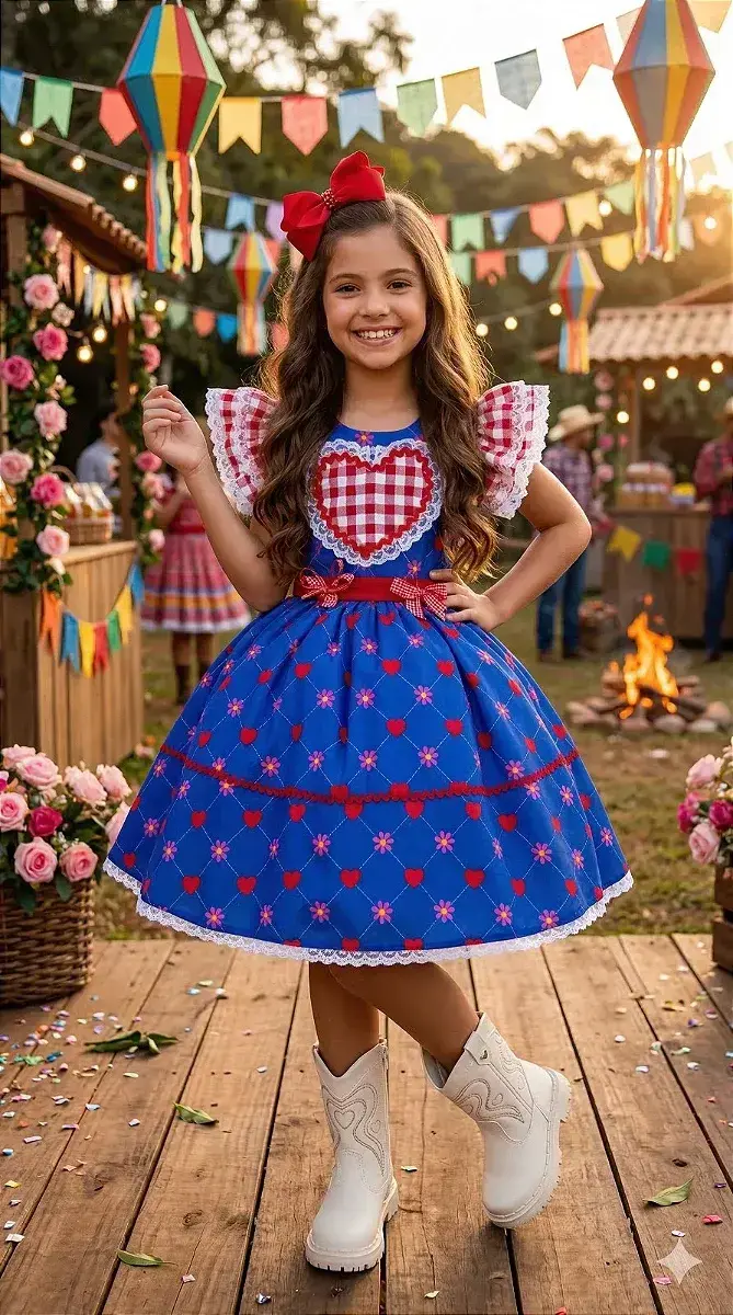 Vestido junino sertão amor caipira azul royal