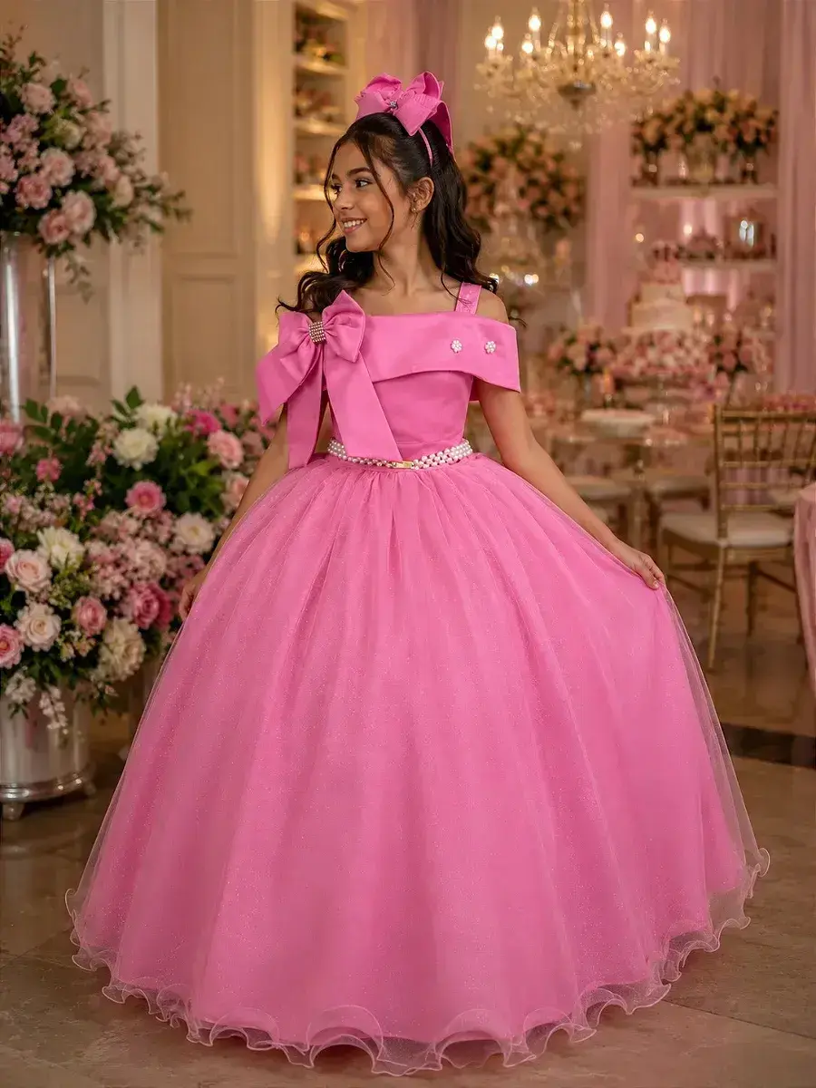 Vestido longo festa rosa chiclete