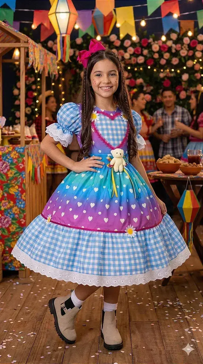 Vestido junino festa ursinho do sertão azul